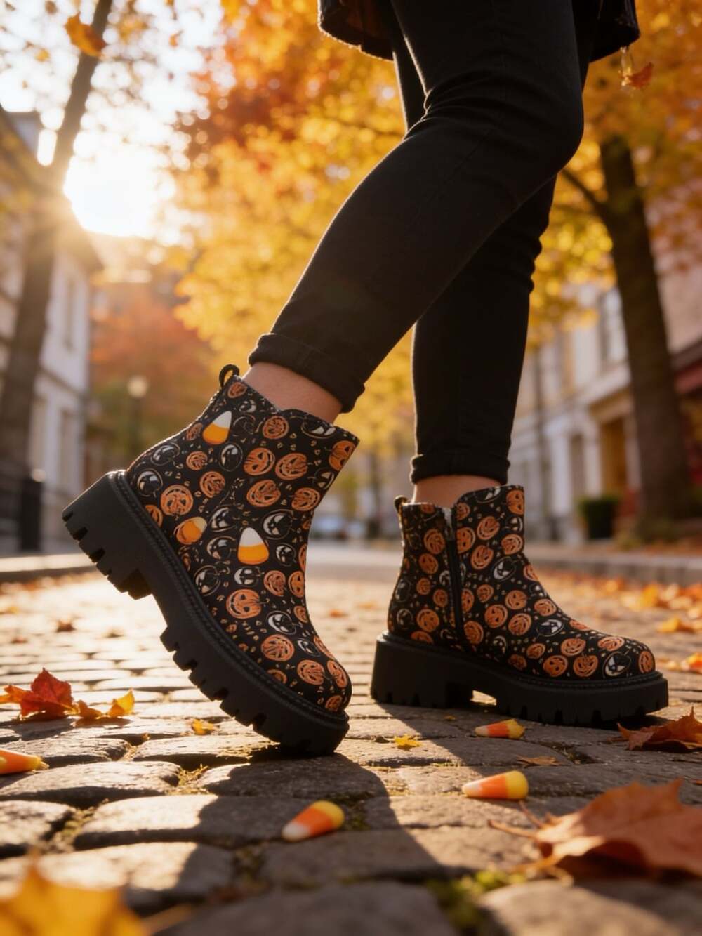 Women's Halloween Pumpkin Print Chunky Heel Platform Ankle Boots EU 40/US 9